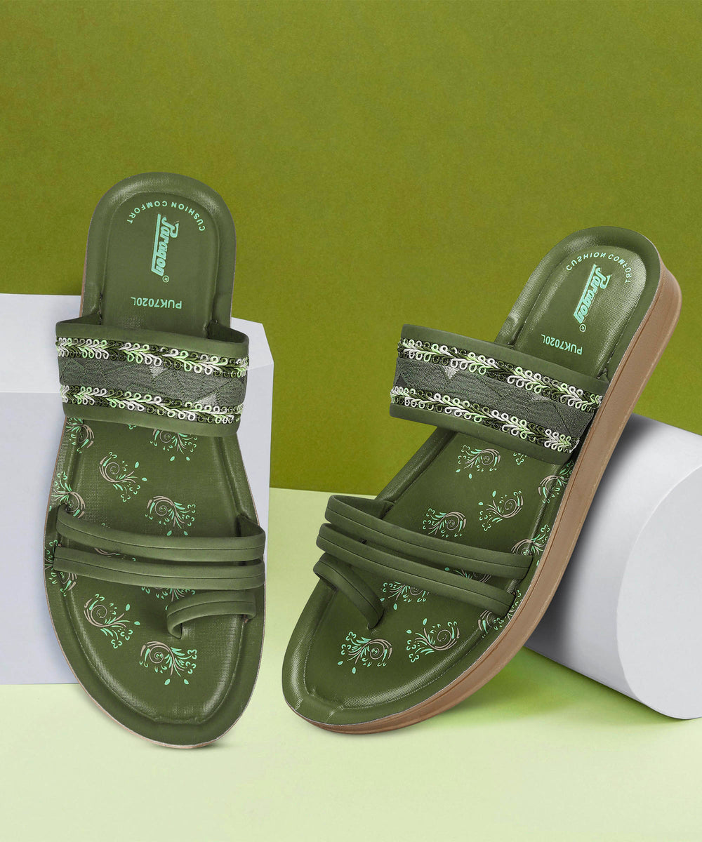Paragon Women's Slip On Flat Pista Green Sandals | Durable Dailywear Sandals