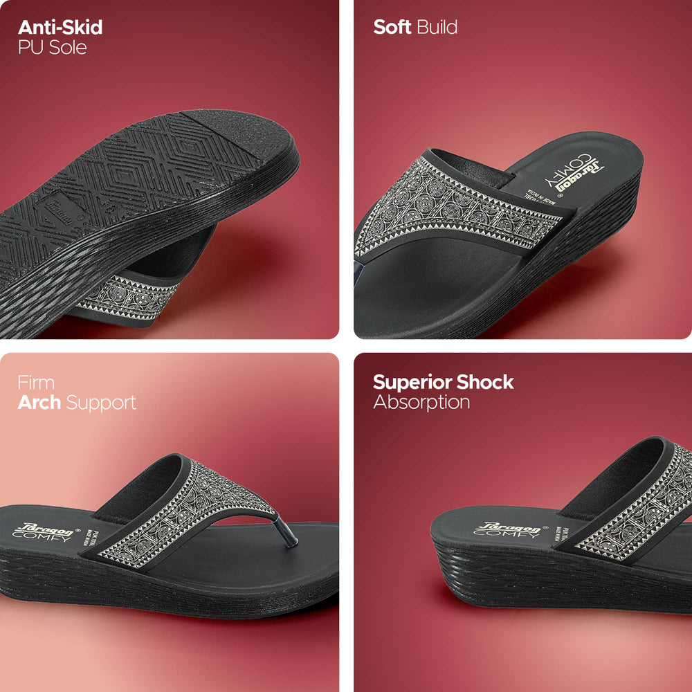 Paragon PUK7036L_BLK Women Fashion Wedges | Lightweight Slip-On Slippers with Cushioned Footbed &amp; Strong Grip Sole