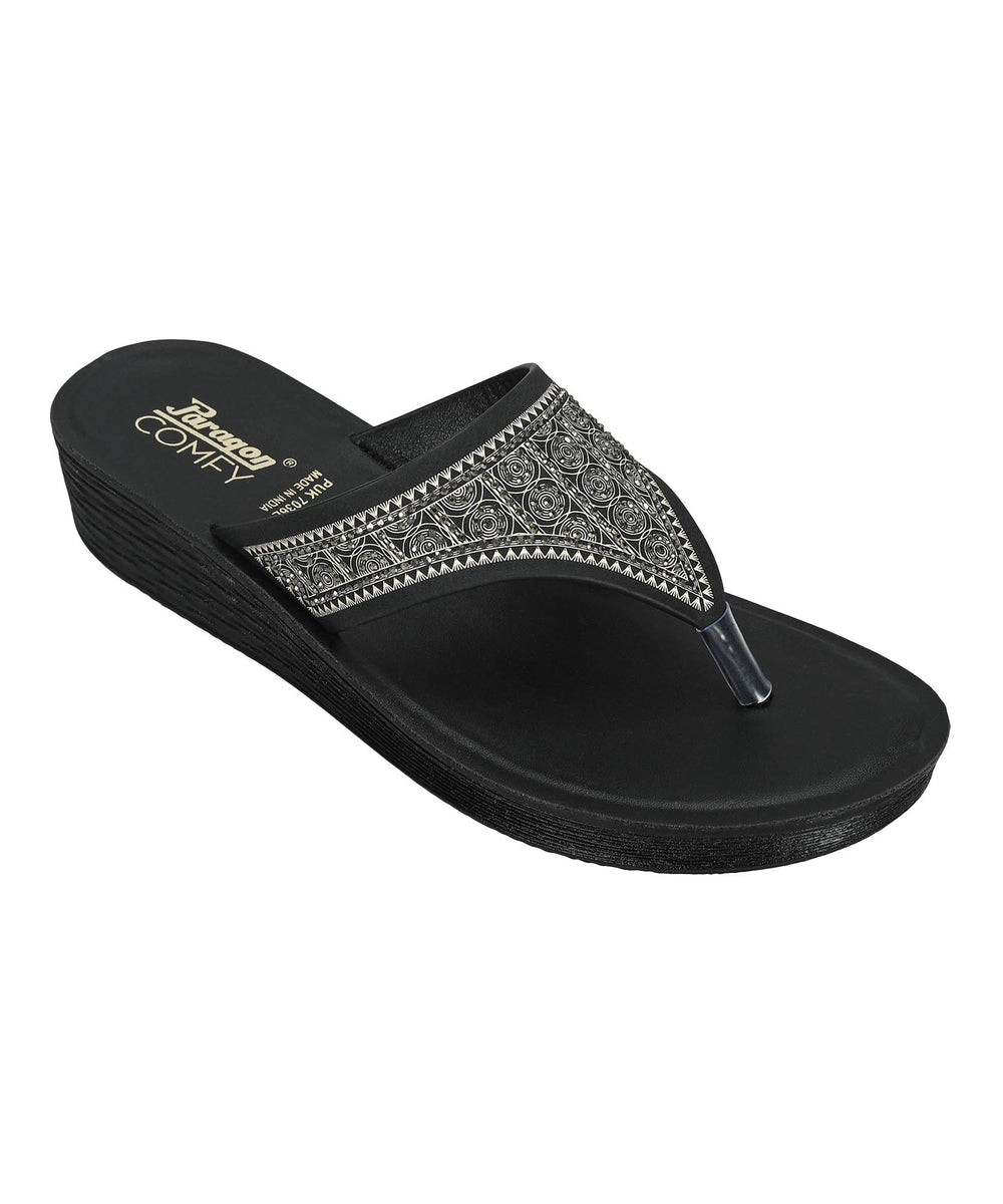 Paragon PUK7036L_BLK Women Fashion Wedges | Lightweight Slip-On Slippers with Cushioned Footbed &amp; Strong Grip Sole