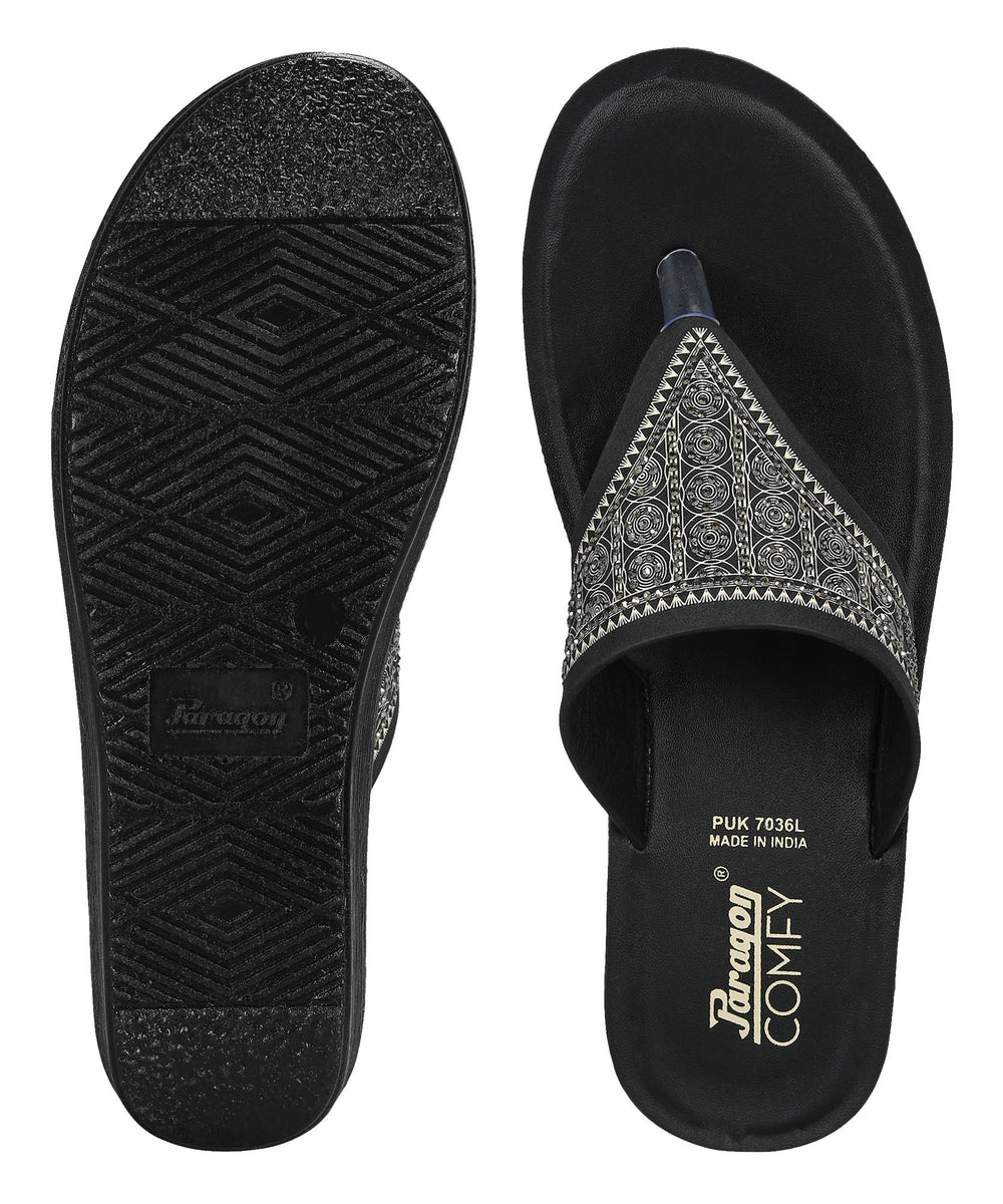 Paragon PUK7036L_BLK Women Fashion Wedges | Lightweight Slip-On Slippers with Cushioned Footbed &amp; Strong Grip Sole