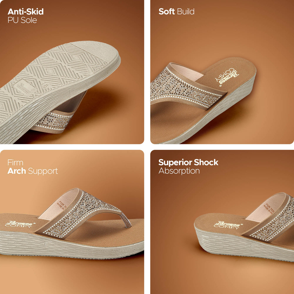 Paragon PUK7036L_TAN Women Fashion Wedges | Lightweight Slip-On Slippers with Cushioned Footbed &amp; Strong Grip Sole